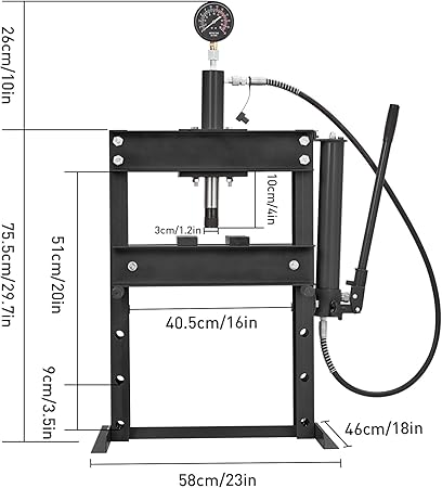 10 Ton Hydraulic Press with Pressure Gauge, Heavy Duty Adjustable H-Frame Hydraulic Garage Press Machine for Auto Repair, Overload Protection & Rust Resistant, Black