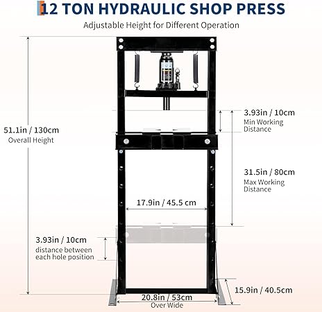 12 Ton Hydraulic Press, Heavy Duty H-Frame Garage Floor Shop Press with Adjustable Worktable & Plates, for Metal Bending, Straightening, Installing Bearings & U-Joints,Black