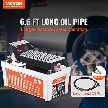 VEVOR Air Hydraulic Pump, 10,000 PSI 1/2 Gal Reservoir, NPT 3/8" Oil Outlet, NPT 1/4" Inlet, 6.6 ft Pipe, Foot Actuated Hydraulic Pump Air Treadle for Auto Body Frame Machines and Pulling Post, Grey