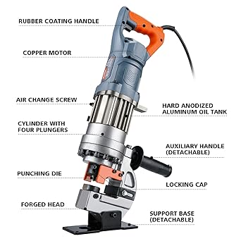 CENTALL1300W Electric Hydraulic Hole Puncher Φ1/4"-4/5" Hydraulic Punching Machine Punching Tool with 5 Dies for Iron Copper Aluminum Plate Angle Steel PM20 (Orange+Grey)