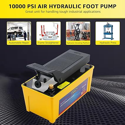 BESTOOL Air Hydraulic Pump, 10,000 PSI 1/2 Gal Reservoir, NPT 3/8" Oil Outlet, 2 x 6.5 ft Pipe, Foot Actuated Hydraulic Pump Air Treadle for Auto Body Frame Machines and Pulling Post, Yellow