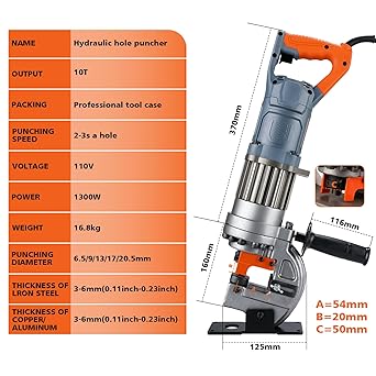 CENTALL1300W Electric Hydraulic Hole Puncher Φ1/4"-4/5" Hydraulic Punching Machine Punching Tool with 5 Dies for Iron Copper Aluminum Plate Angle Steel PM20 (Orange+Grey)