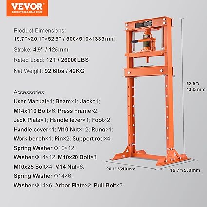 VEVOR Hydraulic Shop Press, 12 Ton/26000lbs, H-Frame, 4-Hold Adjustable Height, with Movable Plates, for Garage or Professional Users, Orange